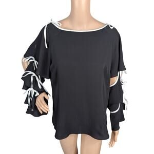 VTG AZI NY Y2K Mesh Chiffon Top M Black White Ribbon Tie Bell Sleeve Ruffle